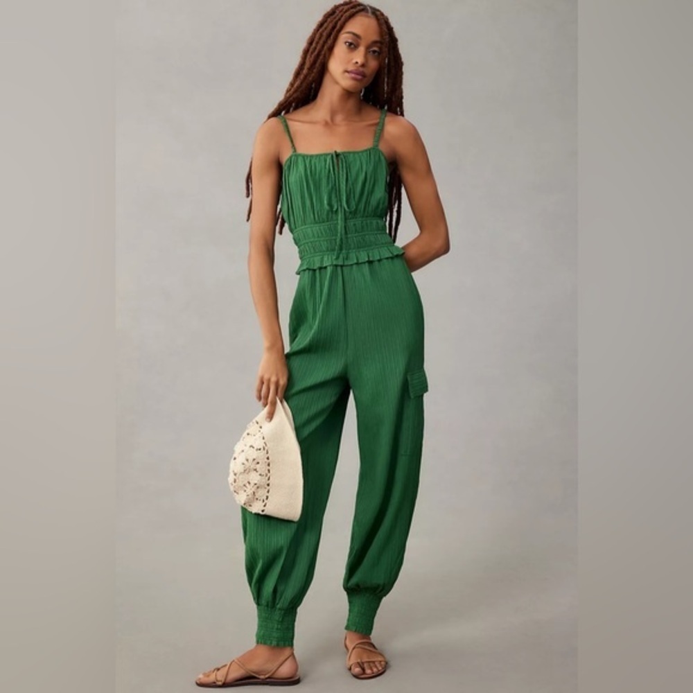 NWT Anthropologie Rider Green Smocked Jumpsuit Medium